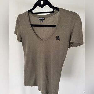 Express Olive Short Sleeve V-Neck Tee with embroidery detail